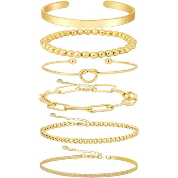 6-Piece Stackable Gold Bracelet Set – 14K Gold Plated, Adjustable - Picture 3 of 5
